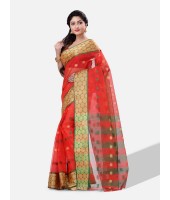 Pure Cotton – Traditional Bengali Tant Saree – Cotton and Jori Fancy Work –" Ganga Jamuna" Color Jori Work Border (Red Green)