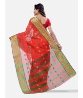 Pure Cotton – Traditional Bengali Tant Saree – Cotton and Jori Fancy Work –" Ganga Jamuna" Color Jori Work Border (Red Green)