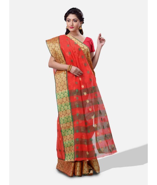 Pure Cotton – Traditional Bengali Tant Saree – Cotton and Jori Fancy Work –" Ganga Jamuna" Color Jori Work Border (Red Green)