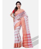 DESH BIDESH Women`s Santipur Handloom Bengal Tant Saree with Bengali Cotton Saree Handmade Whole Body Round Design (Red White)