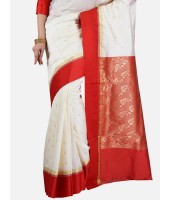 Bengal Garad Silk Saree Fine Smooth Garad With Blouse Pcs. Handmade Exclusive leaf with Kalka with Whole Body Design (White and Red)