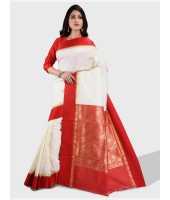 Bengal Garad Silk Saree Fine Smooth Garad With Blouse Pcs. Handmade Exclusive leaf with Kalka with Whole Body Design (White and Red)