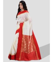 Women's Bengali Fine Smooth Garad Handmade Silk Saree with Blouse Piece (White and Red)