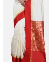 Women's Bengali Fine Smooth Garad Handmade Silk Saree with Blouse Piece (White and Red)