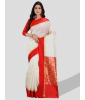 Women`s Bengal Garad Silk Saree Fine Smooth Garad With Blouse Pcs. Handmade Exclusive Kalka with Whole Body Design (White and Red)