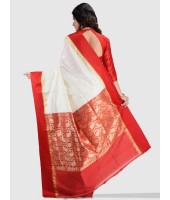 Women's Bengali Fine Smooth Garad Handmade Silk Saree with Blouse Piece (White and Red)