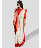 Women`s Bengal Garad Silk Saree Fine Smooth Garad Silk Saree With Blouse Pcs. Handmade Exclusive Flower with Kalka with Whole Body Design (White and Red)