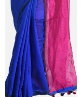 DESH BIDESH Women`s Cotton Silk and Bengal Soft Khadi Cotton Mix Ghicha Handloom Saree With Blouse Piece (Blue Deep Pink)