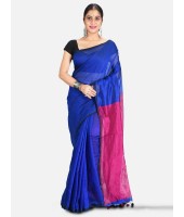 DESH BIDESH Women`s Cotton Silk and Bengal Soft Khadi Cotton Mix Ghicha Handloom Saree With Blouse Piece (Blue Deep Pink)