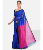 DESH BIDESH Women`s Cotton Silk and Bengal Soft Khadi Cotton Mix Ghicha Handloom Saree With Blouse Piece (Blue Deep Pink)