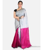 Women`s Cotton Silk and Bengal Soft Khadi Cotton Mix Ghicha Handloom Saree With Blouse Piece (Grey Deep Pink)