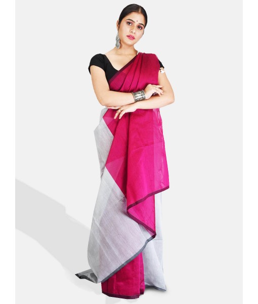 Women`s Cotton Silk and Bengal Soft Khadi Cotton Mix Ghicha Handloom Saree With Blouse Piece (Grey Deep Pink)