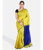 DESH BIDESH Women`s Cotton Silk and Bengal Soft Khadi Cotton Mix Ghicha Handloom Saree With Blouse Piece (GreenYellow Light Blue)