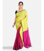 DESH BIDESH Women`s Cotton Silk and Bengal Soft Khadi Cotton Mix Ghicha Handloom Saree With Blouse Piece (Light Yellow Green Pink)