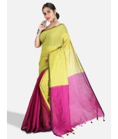 DESH BIDESH Women`s Cotton Silk and Bengal Soft Khadi Cotton Mix Ghicha Handloom Saree With Blouse Piece (Light Yellow Green Pink)