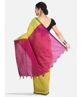 DESH BIDESH Women`s Cotton Silk and Bengal Soft Khadi Cotton Mix Ghicha Handloom Saree With Blouse Piece (Light Yellow Green Pink)