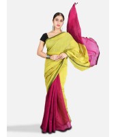 DESH BIDESH Women`s Cotton Silk and Bengal Soft Khadi Cotton Mix Ghicha Handloom Saree With Blouse Piece (Light Yellow Green Pink)