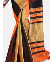 Women`s Cotton Silk and Bengal Soft Khadi Cotton Mix Ghicha Handloom Saree With Blouse Piece (Orange Black)