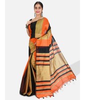 Women`s Cotton Silk and Bengal Soft Khadi Cotton Mix Ghicha Handloom Saree With Blouse Piece (Orange Black)