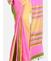 Women`s Cotton Silk and Bengal Soft Khadi Cotton Mix Ghicha Handloom Saree With Blouse Piece (Pink Green Yellow)