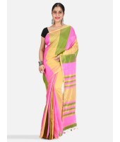 Women`s Cotton Silk and Bengal Soft Khadi Cotton Mix Ghicha Handloom Saree With Blouse Piece (Pink Green Yellow)