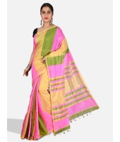 Women`s Cotton Silk and Bengal Soft Khadi Cotton Mix Ghicha Handloom Saree With Blouse Piece (Pink Green Yellow)