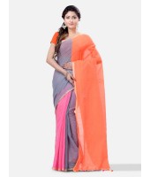 Women`s Cotton Silk and Bengal Soft Khadi Cotton Mix Ghicha Handloom Saree With Blouse Piece (Orange Grey Pink)   