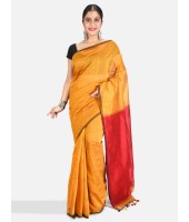 DESH BIDESH Women`s Cotton Silk and Bengal Soft Khadi Cotton Mix Ghicha Handloom Saree With Blouse Piece (Yellow Red)