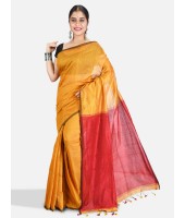 Women`s Handloom Bengal Cotton Silk Whole Body Design Bengali Cotton Silk Saree With Blouse Pcs (Deep Yellow Golden Red)