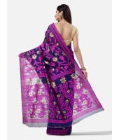 Women`s Handloom Soft Resham Dhakai jamdani Bengal Cotton Silk Tant Saree Whole Body Design with Blouse Pcs (Deep Purple Dark Blue)