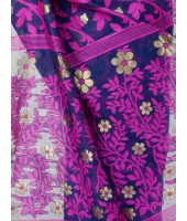 Women`s Handloom Soft Resham Dhakai jamdani Bengal Cotton Silk Tant Saree Whole Body Design with Blouse Pcs (Deep Purple Dark Blue)