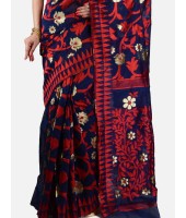 Women`s Handloom Soft Resham Dhakai jamdani Bengal Cotton Silk Tant Saree Whole Body Design with Blouse Pcs (Dark Blue Red)