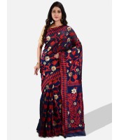 Women`s Handloom Soft Resham Dhakai jamdani Bengal Cotton Silk Tant Saree Whole Body Design with Blouse Pcs (Dark Blue Red)