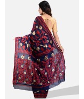 Women`s Handloom Soft Resham Dhakai jamdani Bengal Cotton Silk Tant Saree Whole Body Design with Blouse Pcs (Dark Blue Red)