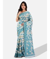 Women`s Handloom Soft Resham Dhakai jamdani Bengal Cotton Silk Tant Saree Whole Body Design with Blouse Pcs (Green Sky Blue White)