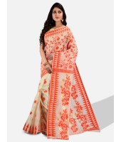 Online Handloom Soft Resham Dhakai jamdani Bengal Cotton Silk Tant Saree Whole Body Design with Blouse Pcs (Orange White)