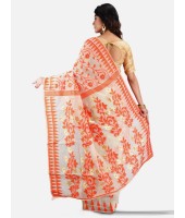 Online Handloom Soft Resham Dhakai jamdani Bengal Cotton Silk Tant Saree Whole Body Design with Blouse Pcs (Orange White)