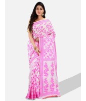 Handloom Soft Resham Dhakai jamdani Bengal Cotton Silk Tant Saree Whole Body Design with Blouse Pcs (Pink White)