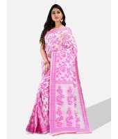 Handloom Soft Resham Dhakai jamdani Bengal Cotton Silk Tant Saree Whole Body Design with Blouse Pcs (Pink White)