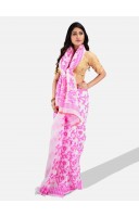 Handloom Soft Resham Dhakai jamdani Bengal Cotton Silk Tant Saree Whole Body Design with Blouse Pcs (Pink White)