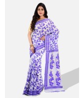 Women`s Handloom Soft Resham Dhakai jamdani Bengal Cotton Silk Tant Saree Whole Body Design with Blouse Pcs (Purple Blue White)