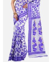 Women`s Handloom Soft Resham Dhakai jamdani Bengal Cotton Silk Tant Saree Whole Body Design with Blouse Pcs (Purple Blue White)