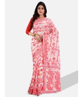 Women`s Handloom Soft Resham Dhakai jamdani Bengal Cotton Silk Tant Saree Whole Body Design with Blouse Pcs (Red White)