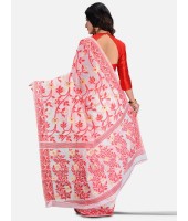 Women`s Handloom Soft Resham Dhakai jamdani Bengal Cotton Silk Tant Saree Whole Body Design with Blouse Pcs (Red White)