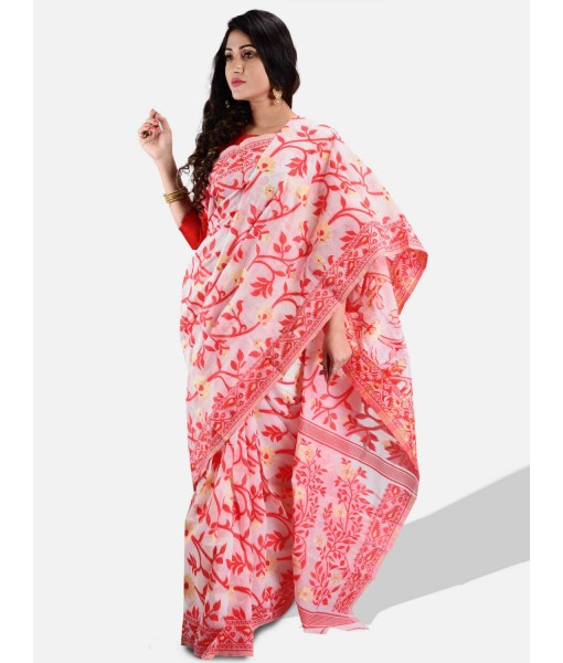 Women`s Handloom Soft Resham Dhakai jamdani Bengal Cotton Silk Tant Saree Whole Body Design with Blouse Pcs (Red White)