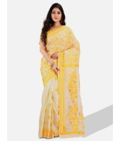 Women`s Handloom Soft Resham Dhakai jamdani Bengal Cotton Silk Tant Saree Whole Body Design with Blouse Pcs (Yellow White)