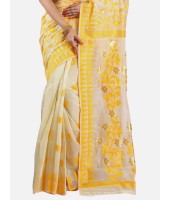 Women`s Handloom Soft Resham Dhakai jamdani Bengal Cotton Silk Tant Saree Whole Body Design with Blouse Pcs (Yellow White)