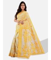 Women`s Handloom Soft Resham Dhakai jamdani Bengal Cotton Silk Tant Saree Whole Body Design with Blouse Pcs (Yellow White)