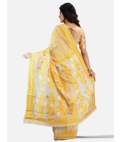 Women`s Handloom Soft Resham Dhakai jamdani Bengal Cotton Silk Tant Saree Whole Body Design with Blouse Pcs (Yellow White)