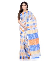 Women`s Handloom Soft Resham Dhakai jamdani Bengal Cotton Silk Tant Saree Whole Body Kolka Design with Blouse Pcs (Blue Orange)